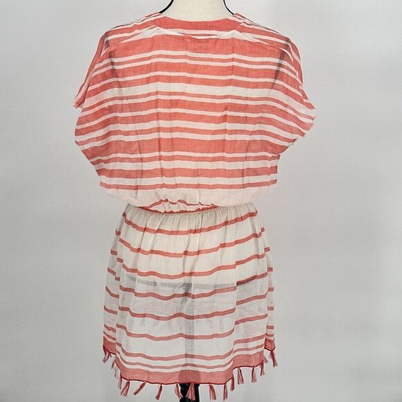 Athleta Beach Cover‎ Up Tassel Trim Stripe Coral & White Size Xsmall - Picture 7 of 9